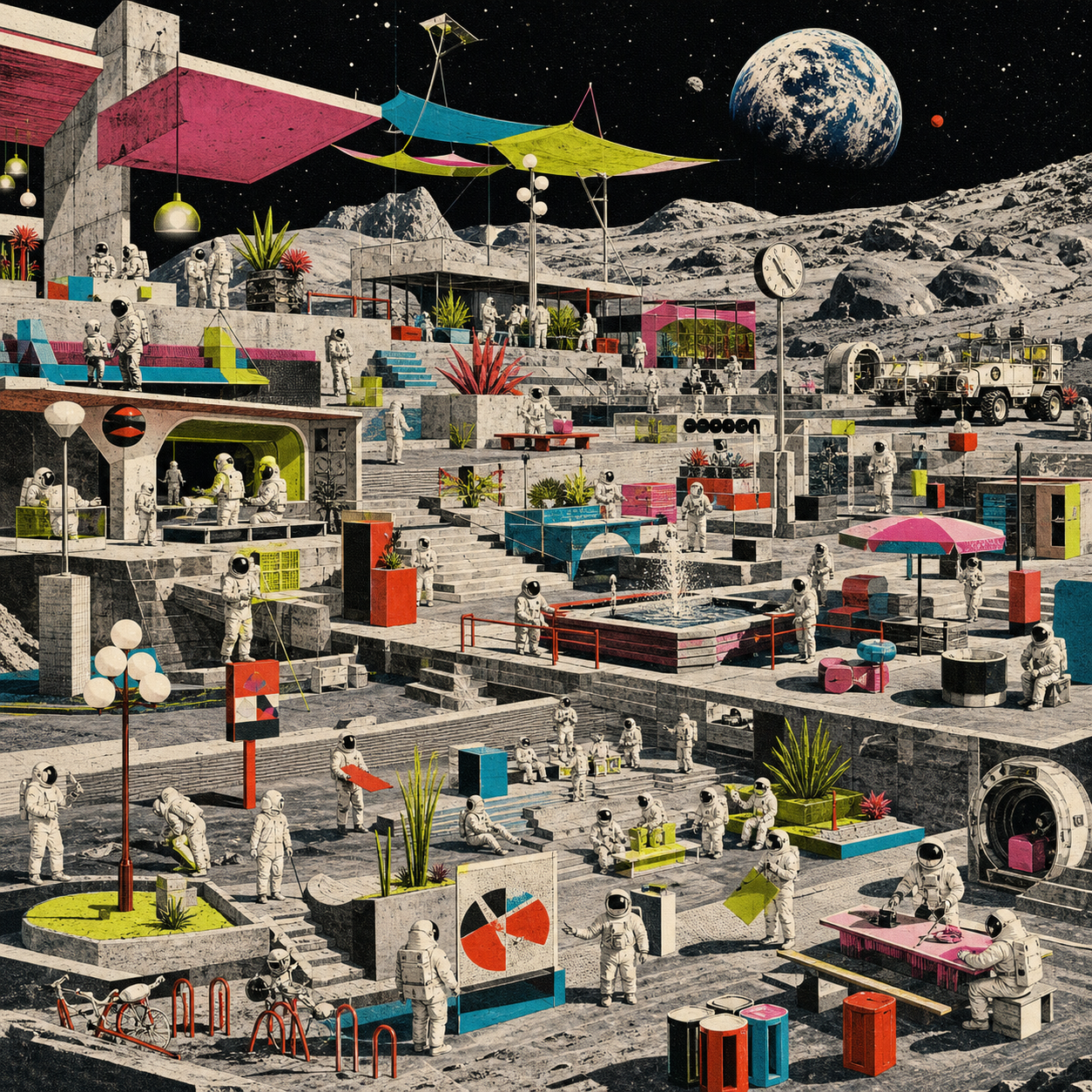 Panorama of a busy lunar civic settlement